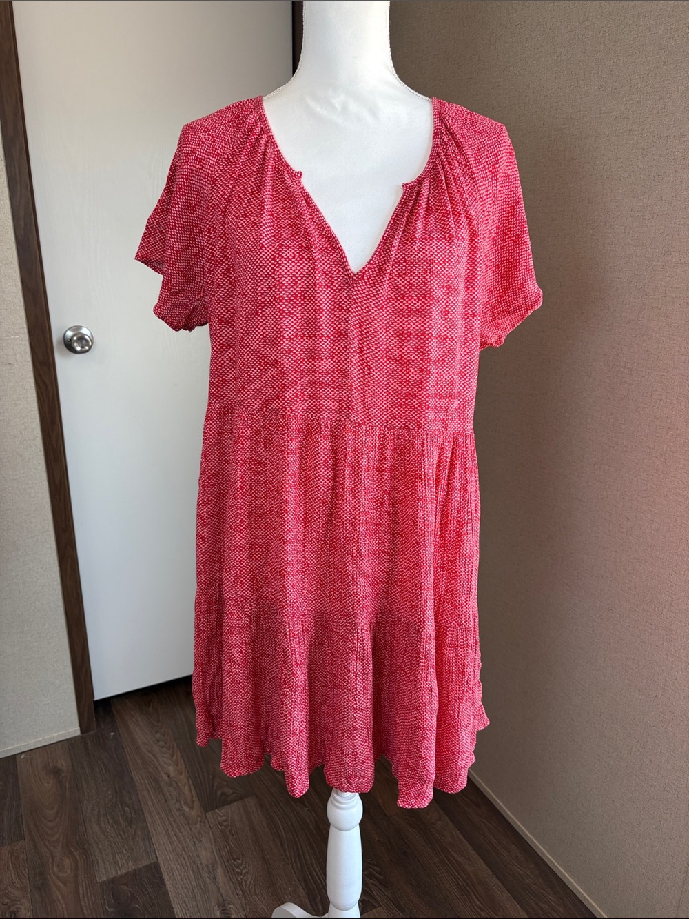 Knox Rose Women Red White Tiered Dress L Western Boho Pockets Country Ditsy